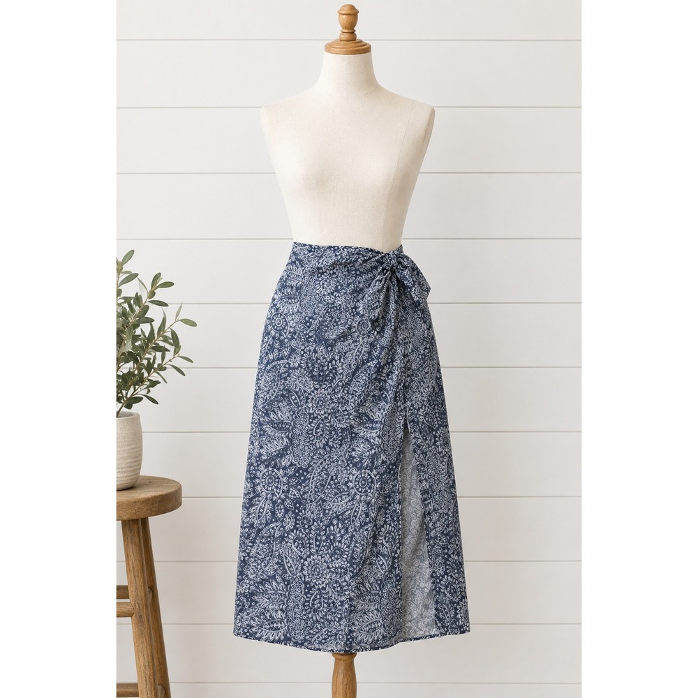 Madewell Navy Paisley Linen Blend Faux Wrap Midi Skirt with Slit Size 2